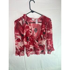 Y2K Emma James Red Floral Chiffon Ruffle Wrap Blouse Petite 4 3/4 Sleeve Top
